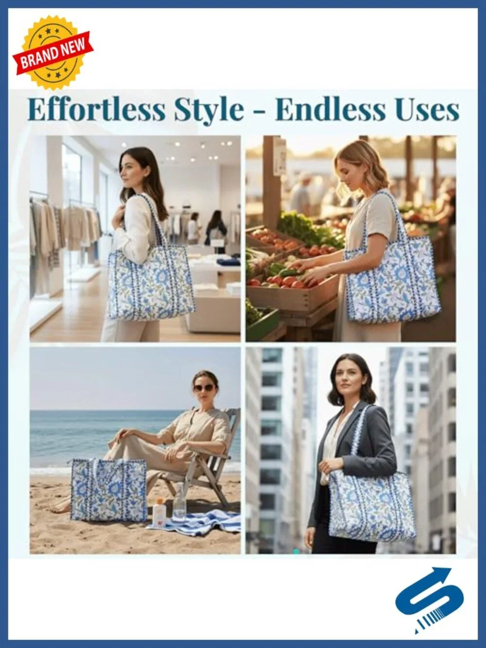 Quilted Cotton Tote Bag with Zipper - Large Block Print Shoulder Bag for Work